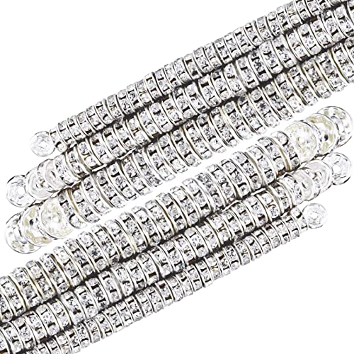 800 Pieces Round Rondelle Spacer Beads Crystal Rhinestone Loose Bead Rondelle Charm Beads 6 mm 8 mm 10 mm for Necklaces Bracelets Jewelry Making (Silver)