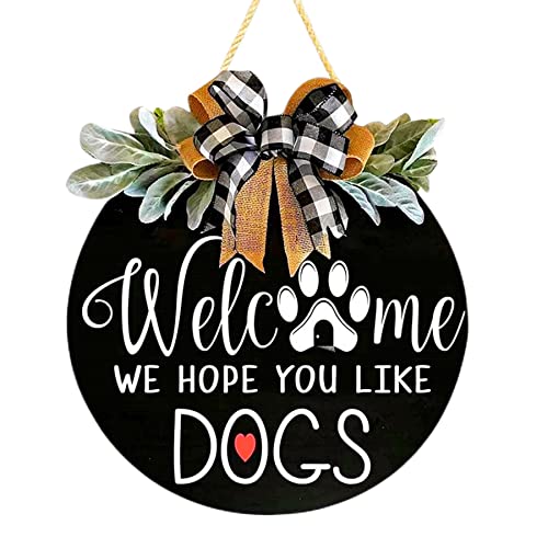 Welcome We Hope You Like Dogs Sign for Front Door Decor with Greenery & Bow Wooden Farmhouse Porch Hanging Wreath for Dogs Lovers Housewarming Gift Christmas Home Decor