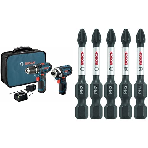 BOSCH CLPK22-120 12V Max Cordless 2-Tool 3/8 in. Drill/Driver and 1/4 in. Impact Driver Combo Kit with 2 Batteries, Charger and Case & ITPH2205 5 Pc. 2 In. Phillips #2 Impact Tough Screwdriving Bit