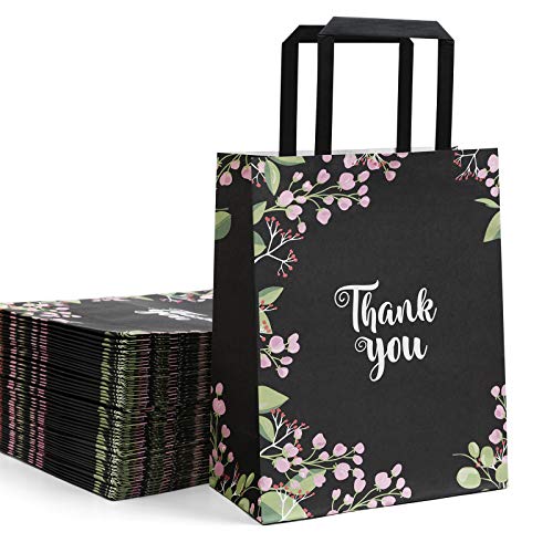 Black Thank You Gift Bags 50 Pack 8″ X 10″ Medium Size Paper Bags With Handles Floral Design Bulk Thank You Bags For Business Boutique, Gifts Wedding Favors Retail Shopping Goody Bags