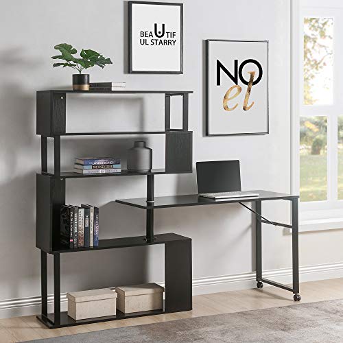 Life In Color Computer Desk L-Shaped Corner Table, Rotating with 5-Story Bookshelf, Large Executive Workstation with Shelves and Lockable casters for Home Office (Black), 70.8L x 19.6W x 60.2H