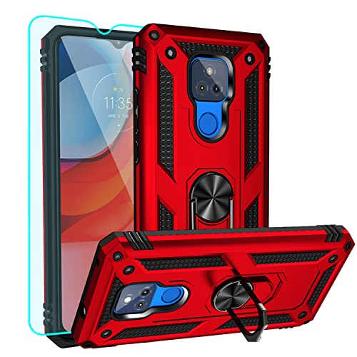 YZOK Compatible with Moto G Play Case,with HD Screen Protector,[Military Grade] Ring Car Mount Kickstand Hybrid Hard PC Soft TPU Shockproof Protective Case for Motorola Moto G Play 2021 (Red)