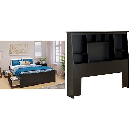 Prepac Coal Harbor Platform Storage Bed with 6 Drawers, Full, Black & Tall Slant-Back Bookcase Headboard, Black, Full/Queen | The Storepaperoomates Retail Market - Fast Affordable Shopping