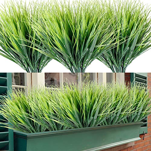 ZEOSTARO Artificial Grasses 12 Bundles Outdoor UV Resistant Fake Grass No Fade Faux Plastic Plants Garden Window Box Decorating(Green Grass)