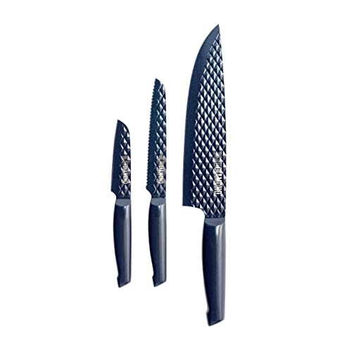 Blue Diamond Sharp Stone Nonstick Stainless Steel Cutlery, 3 Piece Set including Chef Serrated and Pairing Knives with Covers, Diamond Texture Blade, Dishwasher Safe, Blue