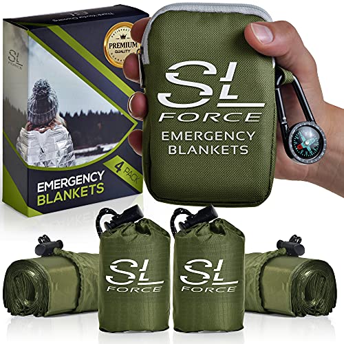 SLFORCE Emergency Blankets for Survival, 4 Pack of Gigantic Space Blanket. Comes with Four Extra-Large Mylar Blankets, Compass, and Zipper Bag. The Best Thermal Space Blankets (4, Green, Extra Large)