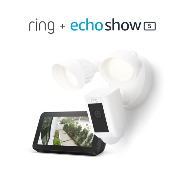 Ring Floodlight Cam Wired Plus (White) bundle with Echo Show 5 (2nd Gen)