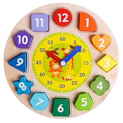 NAODONGLI Montessori Toys for 1 Year Old,Wooden Shape Color Sorting Learning Clock, Educational Toys Clock Learning to Tell Time Preschool Toddler Puzzle Toys Birthday Gift for Boys Girls Age 2 3 4