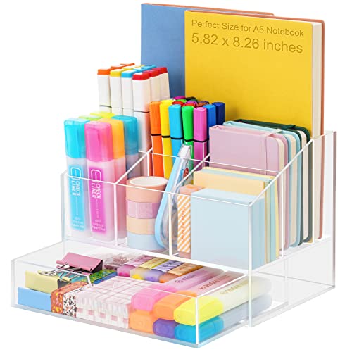 VITVITI Acrylic Desk Organizer, Upgraded Clear Pencil Organizer for Desk, 7 Compartments Stationary Pen Organizer Storage with Drawer, for Office Supply, 500+ Pencils Capacity