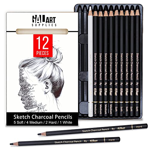 Galart Supplies Charcoal Drawing Set – 12 Pieces Pre-Sharped Soft, Medium, Hard and White Charcoal Pencils for Drawing with Organizer Tray, Shading and Sketching for Artists and Beginners