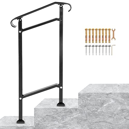 VEVOR Wrought Iron Handrail, Fit 1 or 2 Steps Outdoor Stair Railing, Adjustable Front Porch Hand Railings, Black Transitional Hand Rail for Concrete Steps or Wooden Stairs with Installation Kit