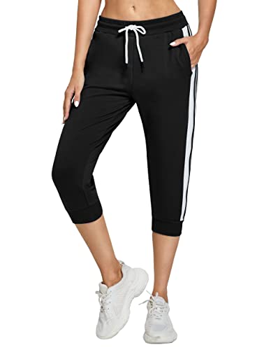 SPECIALMAGIC Capris for Women Capri Sweatpants Capri Joggers Casual Summer Pockets Cropped Pants Elastic Active L Black