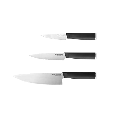 KitchenAid Classic 3 piece Chef Knife Set with Custom Fit Blade Covers, 8 inch Chef Knife, 5.5 inch Serrated Utility Knife, 3.5 inch Paring Knife, High Carbon Japanese Stainless Steel Blade, Black