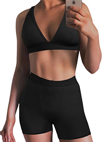 Ekaliy Women’s Workout Outfit 2 Pieces Workout Shorts Set Ribbed Crop Tank High Waist Yoga Sets Short Black Medium