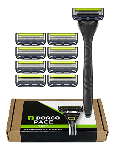 Dorco Pace 5 Pro Razor System for Men – Five Blade Precision Shaving – 1 Handle + 9 Cartridge Set