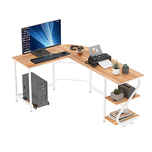 Weehom Reversible L Shaped Desk with Shelves Large Corner Computer Desk Gaming Desks for Home Office Writing Workstation Wooden Table,Walnut+White Leg