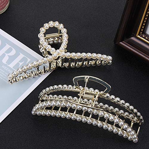 Granvista Large Big Strong Sturdy Gold Metal Pearl Hair Claw Clips Barrette Clamp For Thick Long Hair for Bun Pullup Updo Non Slip Secure Unbreakable Hair Grip Jaw Girls Women Hair Accessories (Twins)