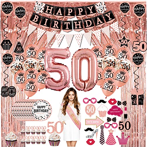 50th birthday decorations for women – (76pack) rose gold party Banner, Pennant, Hanging Swirl, birthday Balloons, Foil Backdrops, cupcake Topper, plates, Photo Props, Birthday Sash for gifts women