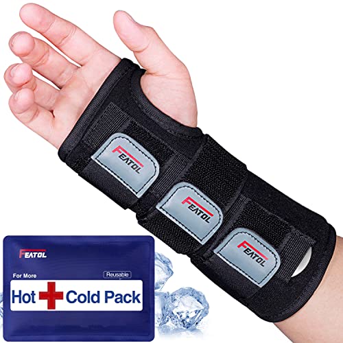 FEATOL Wrist Brace Carpal Tunnel, Night Support Brace with Wrist Splint, Adjustable Straps, Hot/Ice Pack, Hand Brace for Women and Men, Right Hand, Small/Medium, Tendinitis, Arthritis, Pain Relief