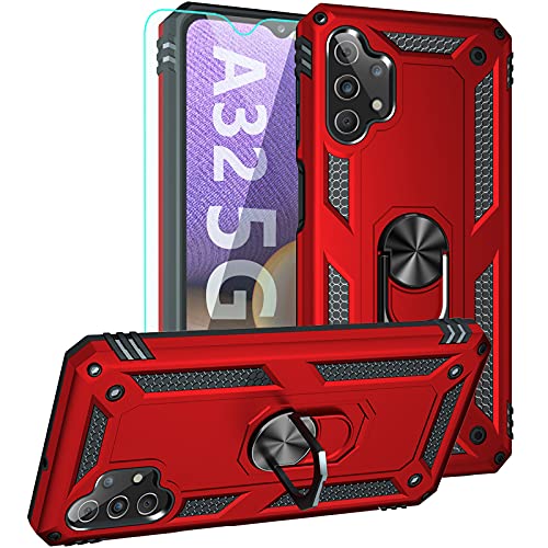 YZOK for Galaxy A32 5G Case,Samsung A32 5G Case, with HD Screen Protector,[Military Grade] Ring Car Mount Kickstand Hybrid Hard PC Soft TPU Shockproof Protective Case for Samsung Galaxy A32 5G (Red)