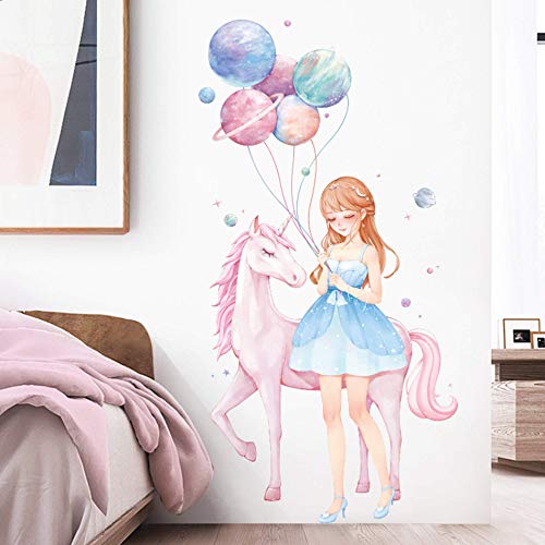 ROFARSO Colorful Cute Lovely Girl Maiden With Unicorn Balloon Planet Wall Stickers for Kids Peel and Stick Removable Wall Decals DIY Decorations Decor for Nursery Baby Girls Bedroom Playroom Living Room Murals