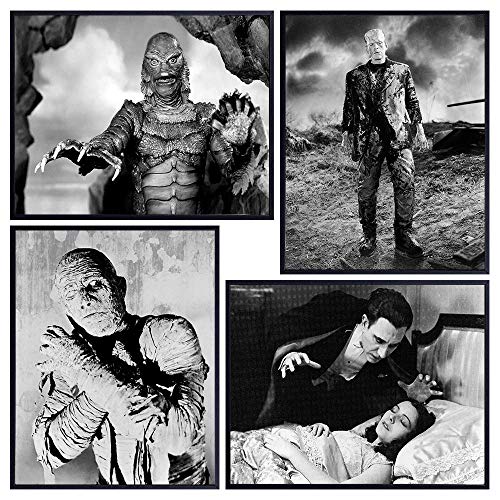 Dracula – Frankenstein – Creature From the Black Lagoon – The Mummy – Scary Movie Wall Art Set – Vintage Horror Movie Poster – Classic Monster Movies Wall Decor – Home Theater Room Decorations