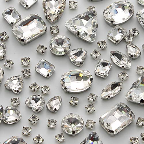 TANOSII Sew on Rhinestones 100 PCS Mixed Shapes Glass Rhinestones Sew on Crystal Gems Mental Flatback with Silver Claw for Jewelry Crafts Clothes Shoes Costume Garment White