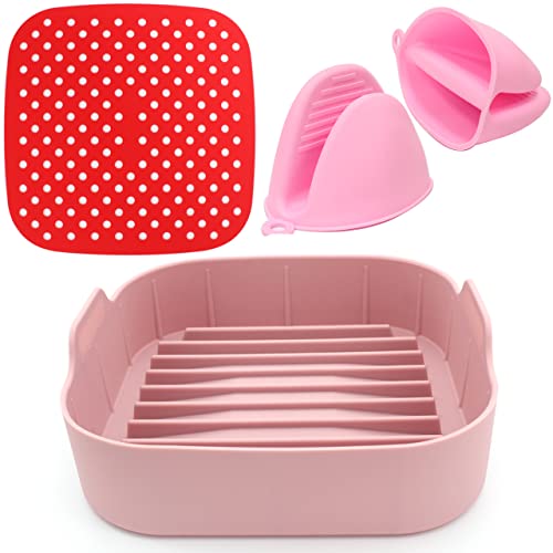 Air Fryer Accessories Set,Air Fryer Silicone Pot,Reusable Silicone Air Fryer Basket Mat,Replacement of Parchment Paper Liners,Compatible with 4Qt Pot and Above,2 Mini Silicone Oven Mitts