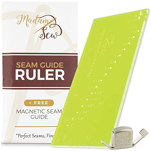 Madam Sew Seam Allowance Ruler and Magnetic Seam Guide for Sewing Machine | Perforated Seam Gauge for Perfect 1/8” to 2” Straight Line Hems | Includes 1/4” Pivot Point and 45 Degree Trim Line