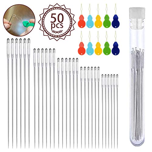 Large-Eye Needles for Hand Sewing, 50pcs Premium Large Eye Sewing Needles with Threaders and Storage Tube 5 Size Large Eye Pointed Stitching Needles for Stitching Crafting Projects and Embroidery