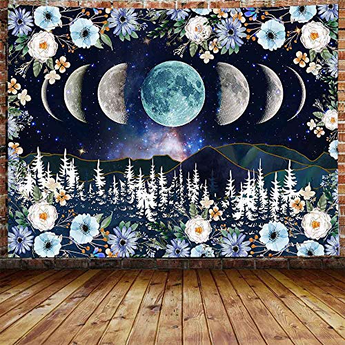 X-SISTER Moonlit Garden Tapestry Moon Phases Mountain Range Line Aesthetics Rattan Flowers Woods Wall Short Plush 8060 Inch Digital Printing Home Furnishing Decoration TA2105