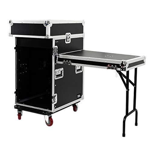 Seismic Audio – SA-PTR-14UCT – 14 Space Pro Audio DJ Road Rack Case with DJ Work Table & Casters – Pro Tour Grade