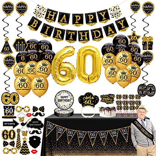 60th birthday decorations for men women – (76pack) black gold party Banner, Pennant, Hanging Swirl, birthday balloons, Tablecloths, cupcake Topper, Crown, plates, Photo Props, Sash for gifts