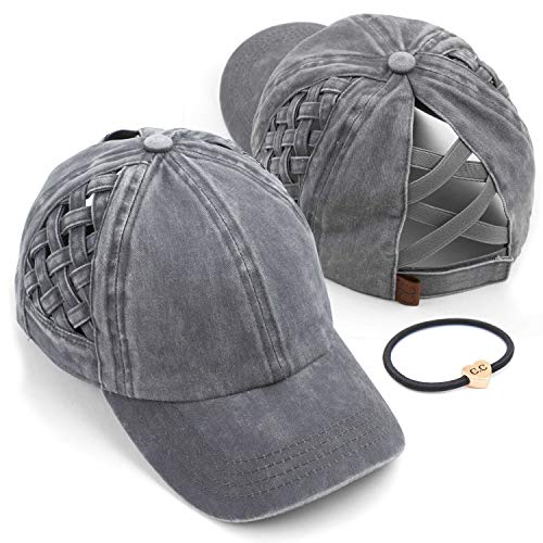 C.C Exclusives Washed Cotton Denim Basket Weave Criss-Cross Ponytail Baseball Cap Bundle Hair Tie (BT-922)(Grey)