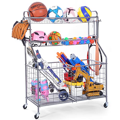 Sports Storage Organizer for Garage, WEYIMILA Ball Storage Garage with Baskets and Hooks, Rolling Sports Equipment Storage Cart with Wheels, Basketball Racks, Garage Sports Equipment Organizer