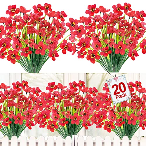 TURNMEON 20 Bundles Orchid (360 Heads) Artificial Flowers for Outdoors UV Resistant Outdoor Flowers Fake Flowers Outside Faux Flowers Plastic Fake Plant for Planters Home Garden Summer Decor (Red)