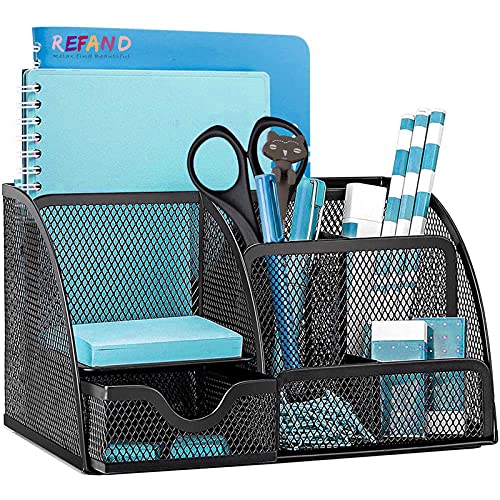 Mesh Desk Organizer, Refand Desktop Office Supplies Multi-Functional Caddy Pen Holder Stationery with 6 Compartments and 1 Drawer for Office, Home, School, Classroom