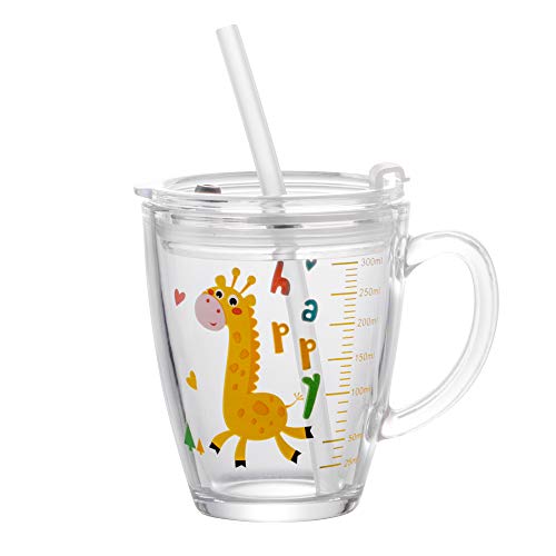 Glass Milk Cup with Silicone Straw and Lid 12oz Glass Measuring Milk Clear Cup Cute Heat-resistant Tumbler Drinking Water Travel Mug Cartoon Animal Milk Sippy Cup Glass with Handle