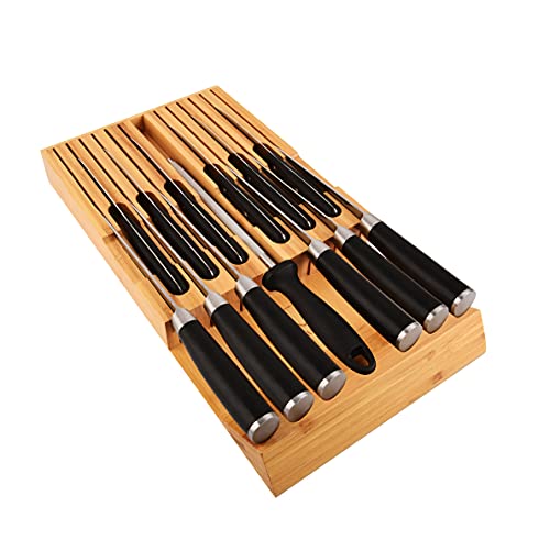 In-Drawer Bamboo knife block, Drawer Knife Set Storage, Knife Organizer and Holder with Safety Slots for Knives and 1 Sharpening Steel -Kitchen Drawer, Counter Top (12 Holder)