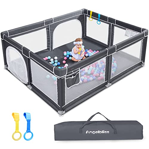 ANGELBLISS Baby Playpen, Extra Large Playard, Indoor & Outdoor Kids Activity Center with Anti-Slip Base, Sturdy Safety Play Yard with Breathable Mesh, Kid’s Fence for Toddlers(Dark Grey,71”x59”)