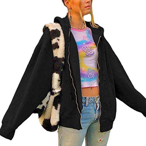 Women’s Y2K E-Girl Oversized Sweatshirt, Zip Up Hoodies Coat Long Sleeve Streetwear Jacket (Black , Large )