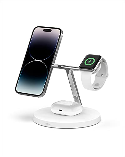 Belkin MagSafe 3-in-1 Wireless Charging Stand (Older 2021 Release) for Apple Watch, iPhone Series, AirPods – White