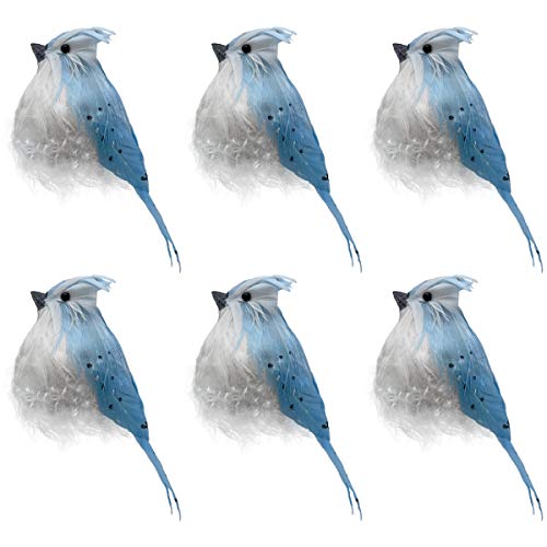 LWINGFLYER 6pcs Realistic Blue Jay Bird Ornaments Artificial Feathered Birds for Wreaths Decoration Craft Christmas Tree Decor (Clip on)
