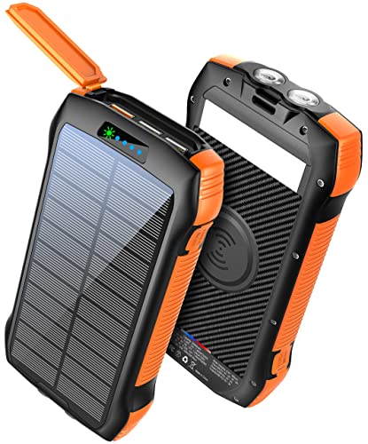 Solar Power Bank, MOSKIZ Portable Charger 33500mAh QC3.0 18W PD 20W Fast Charging, Portable Phone Charger with 10W Wireless 5 Outputs IP67 Waterproof 6W Bright Flashlight for iPhone Samsung etc.