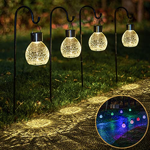 EKQ 4 Pack Hanging Solar Lights Set with Shepherd Hooks, Outdoor Color Changing Solar Powered Waterproof Landscape Lanterns with Crackle Glass Ball Design Pathway Decoration