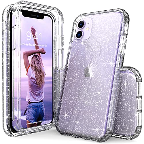 IDYStar iPhone 11 Case Glitter Clear for Girls, Hybrid 2 in 1 Shockproof Heavy Duty Protection Shock Resistant Durable Slim Fit Cover for iPhone 11 6.1 Inch, Glitter Clear
