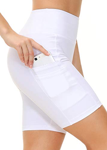 Eyesoul White Shorts for Women High Waist Athletic Shorts Running Shorts with Pockets Biker Yoga Gym Shorts Butt Lifting 7 Inch Inseam Tummy Control Shorts – White,L