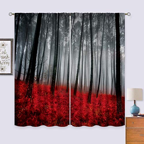 Cinbloo Black Red Forest Curtains Rod Pocket Burgundy Gothic Fall Tree Bedroom Decor Foggy Woodland Floral Autumn Scenery Mystic Leaf Printed Living Room Window Drapes Fabric 52W x 63L Inch 2 Panels