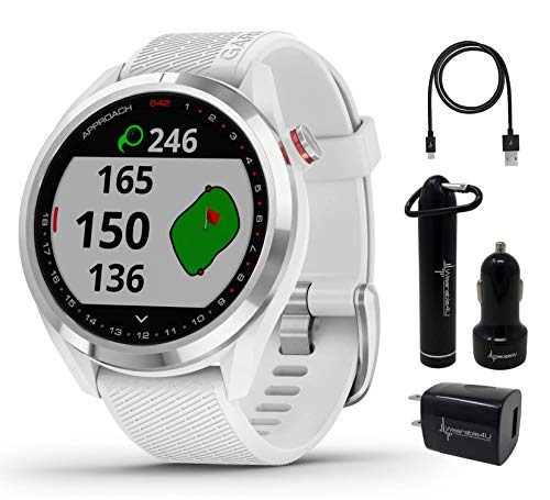 Garmin Approach S42 Premium GPS Golf Watch, Polished Silver with White Silicone Band and Wearable4U Power Pack Bundle