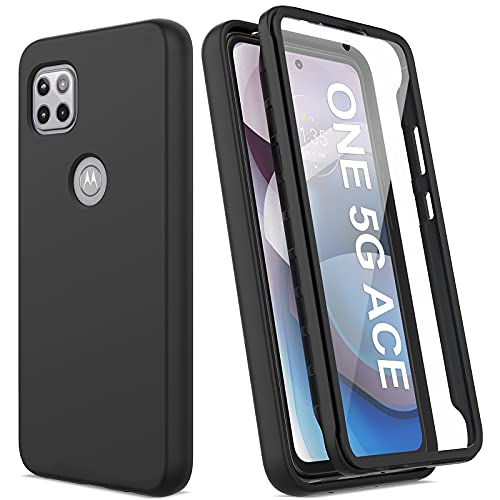 for Motorola One 5G Ace Case with Built-in Screen Protector, Full Body Protection Shockproof Cover Case, [Rugged PC Front Bumper + Soft TPU Back Cover] Armor Protective Phone Case (Black)